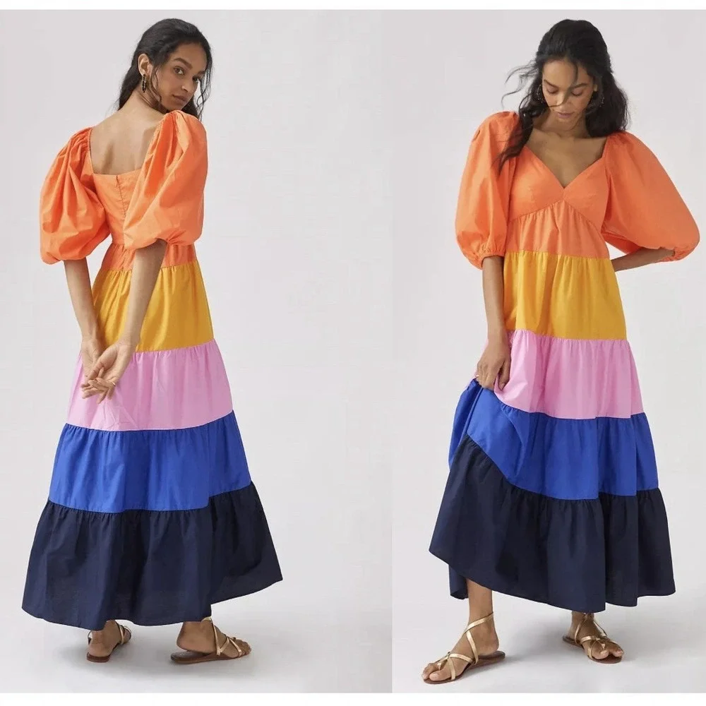Anthropologie Farm Rio Tiered Colorblocked Maxi Dress Puff Sleeve‎ XS $230 NWT